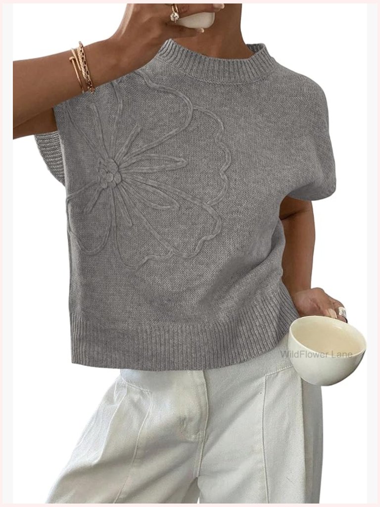 Women's Knit Flower Sweater Vest - Cap Sleeve Pullover Top